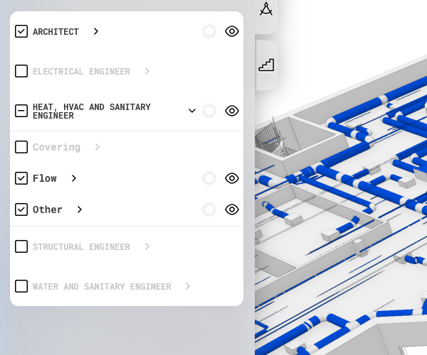 IFC Viewer: Filter för att styra synligheten av BIM-lager (väggar, dörrar, VVS) i den digitala 3D-modellen.
