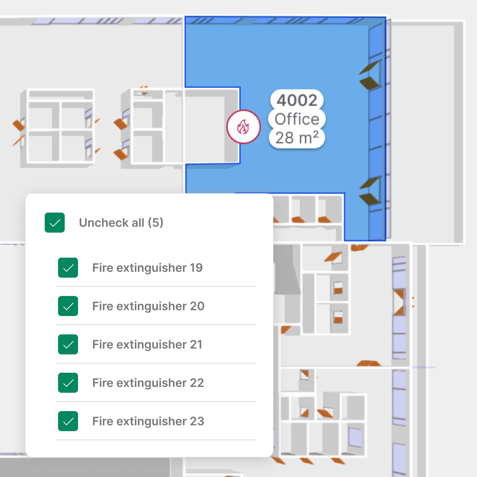 Digital tvilling visar en checklista för task-utförande kopplad till ett markerat område för driftansvariga.